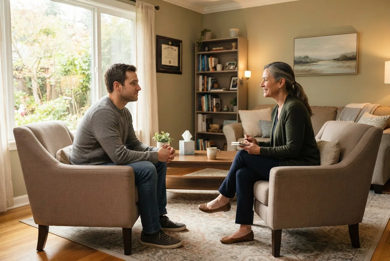 a licensed therapist in a calm office setting meeting with an adult client across from them, warm natural light, comfortable seating,