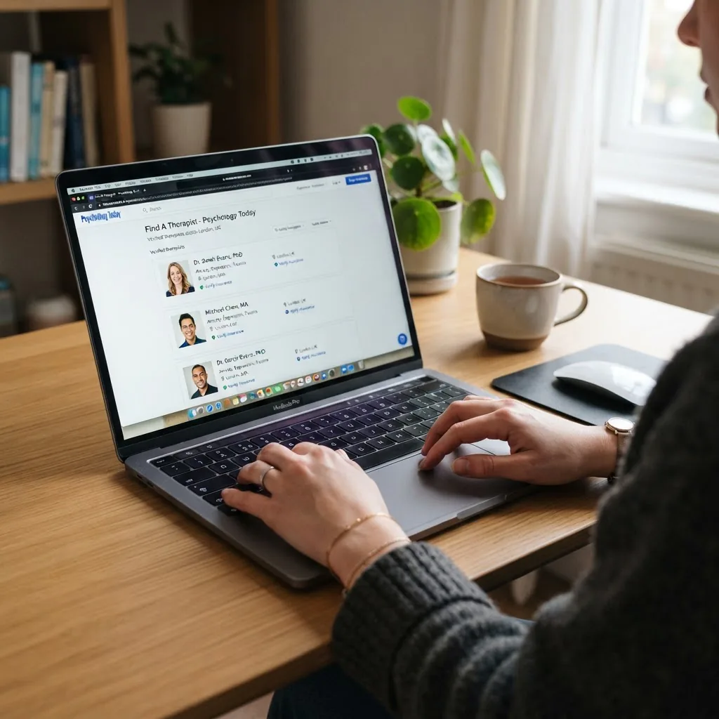 a person researching therapists on a laptop, close-up of hands on keyboard and a therapy directory on screen, soft indoor lighting, modern
