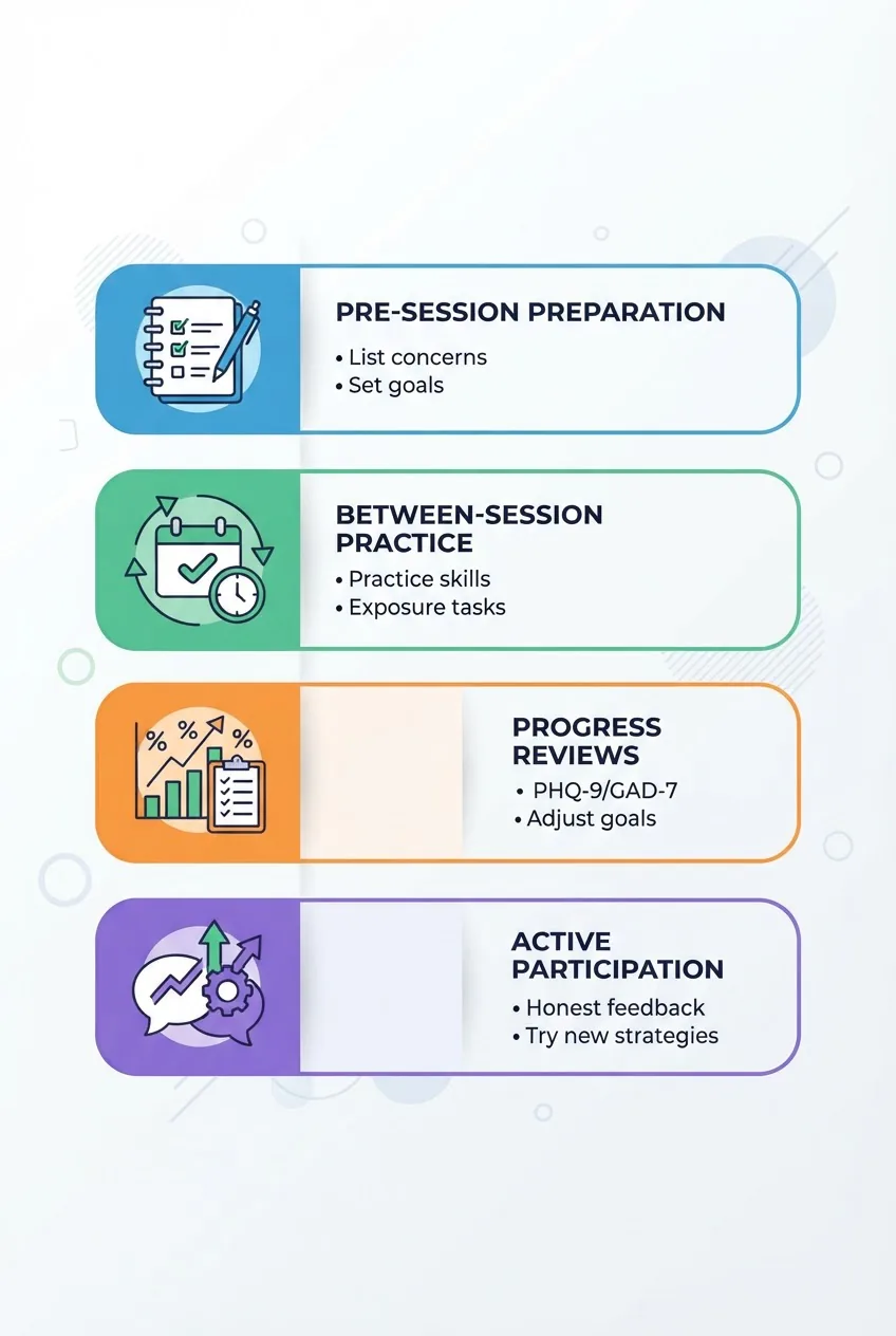 shows four horizontal panels: Pre-session preparation (notebook icon, two short bullets: list concerns, set goals), Between-session