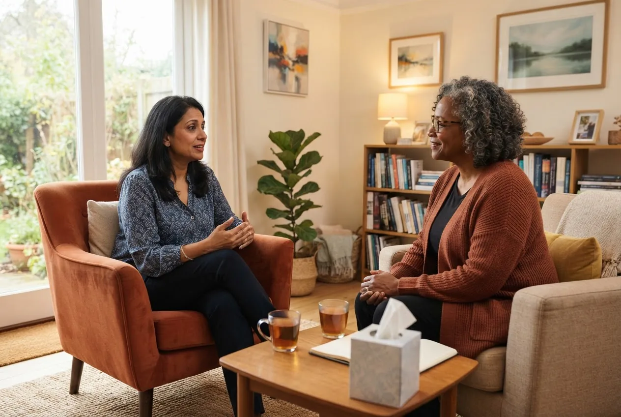 a diverse middle-aged adult speaking with a compassionate therapist in a cozy, well-lit counseling office, natural light, warm tones,