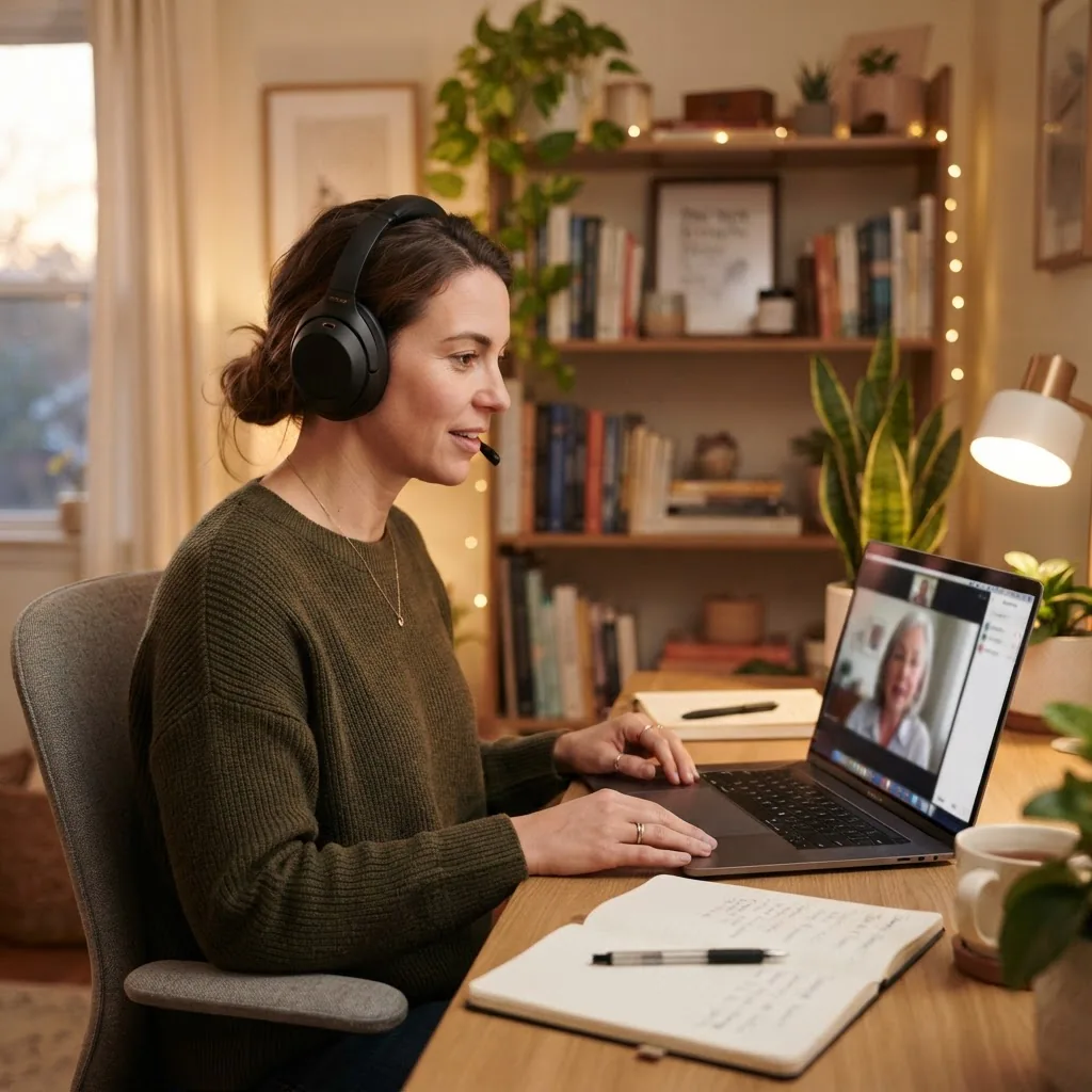 an adult in a tidy home office using a laptop for teletherapy, wearing headphones, soft warm lighting, webcam view of therapist on screen