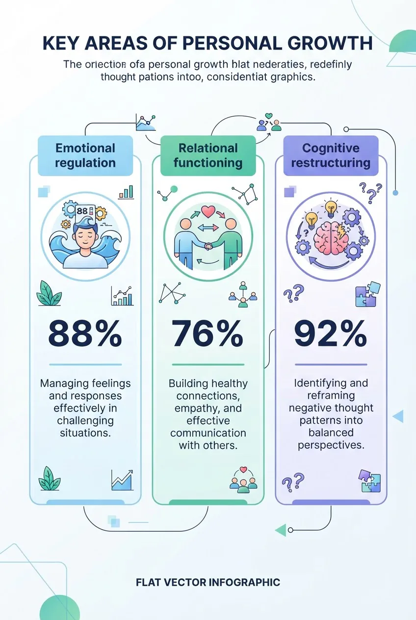 with three vertical columns showing Emotional regulation, Relational functioning, Cognitive restructuring; each column has an icon, the