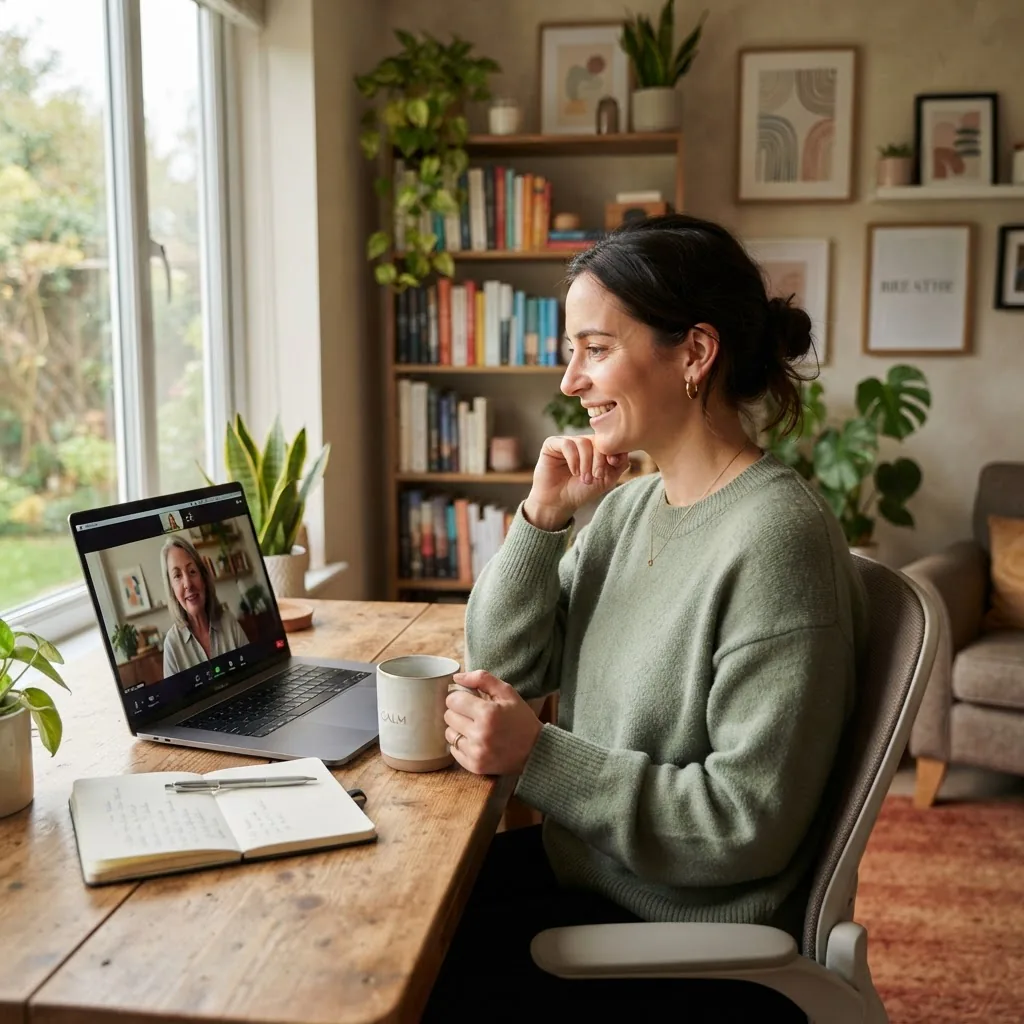 a mid-30s adult in a home office on a video therapy call, laptop screen visible, soft daylight, calm expression, modern decor, warm lighting