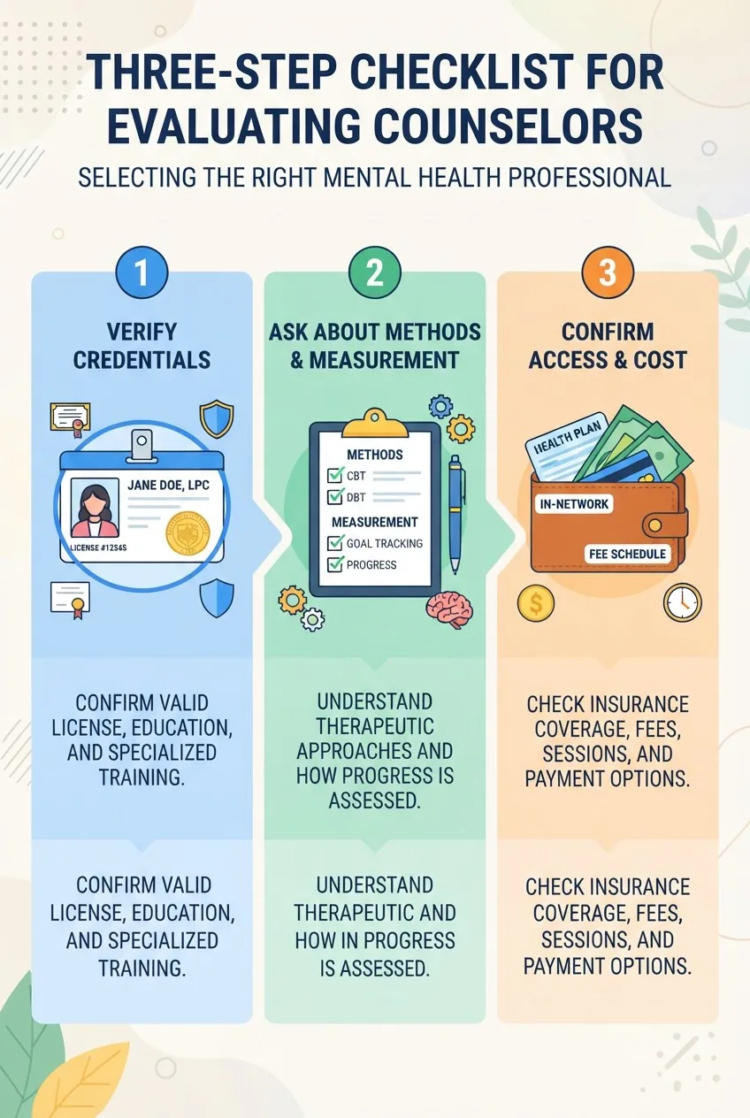 shows a three-step checklist for evaluating counselors: 1) Verify credentials (icon of ID/license), 2) Ask about methods & measurement
