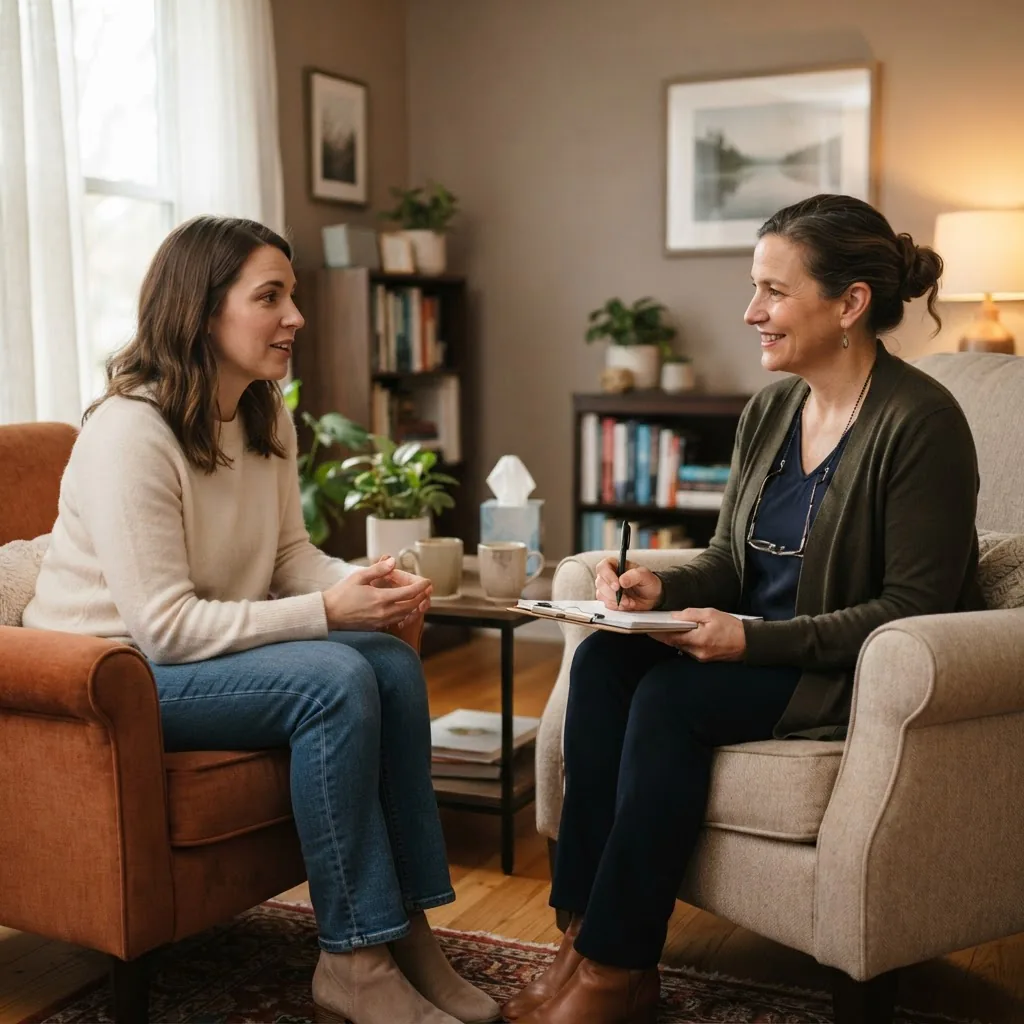 a licensed therapist taking notes while listening to an adult client seated across in a comfortable counseling room, soft side lighting,