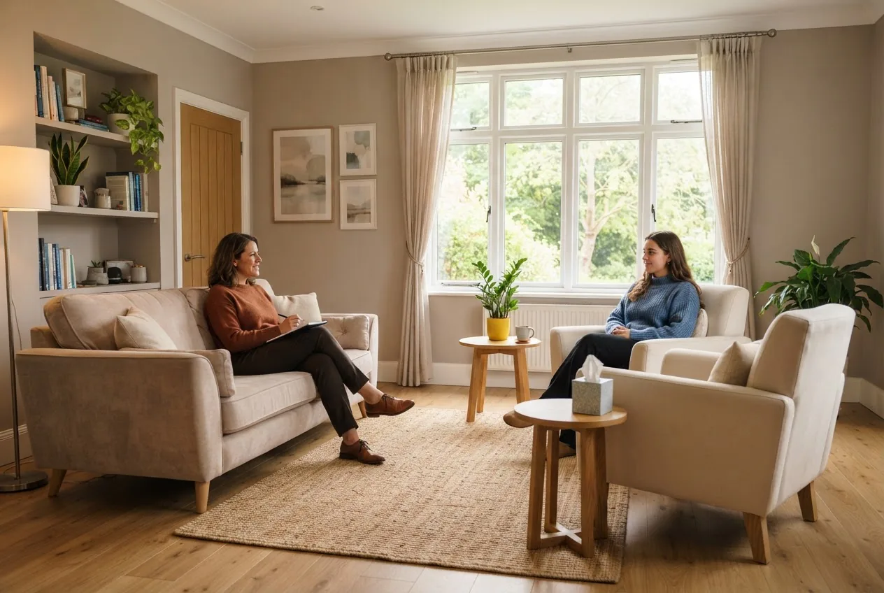 a warm, modern therapy office interior with comfortable seating, natural light from large windows, a small plant on a side table, and