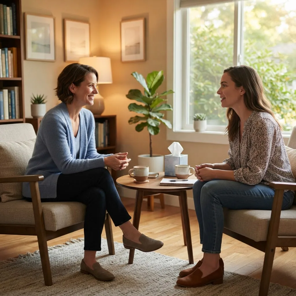a therapist and an adult client in conversation across a small table in a sunlit office, both relaxed and engaged, soft warm lighting