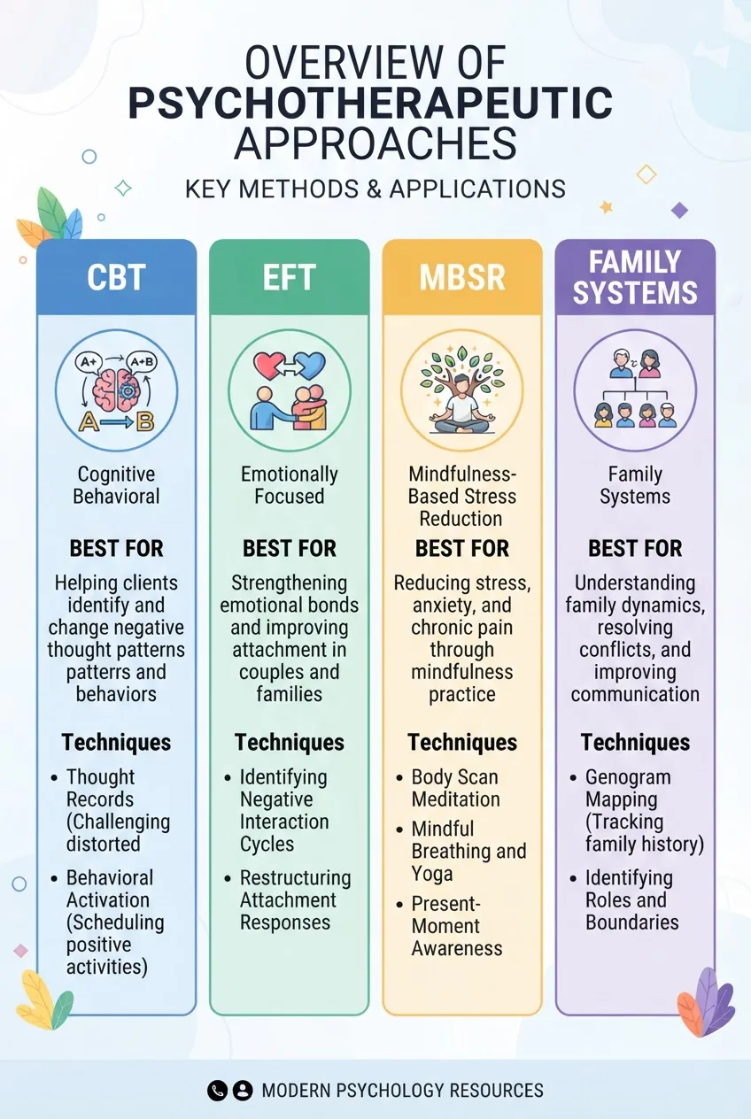 four columns: CBT, EFT, MBSR, Family Systems; each column with an icon, "Best for" two-line summary, and two bullet techniques
