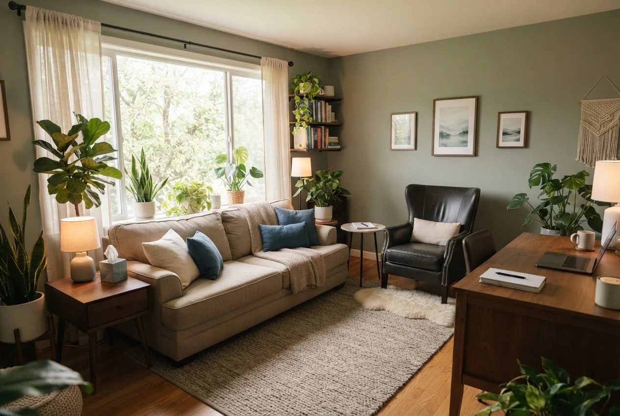 a calm adult therapy office: a therapist's chair and a couch near a window with soft natural light, potted plants, neutral warm tones, and