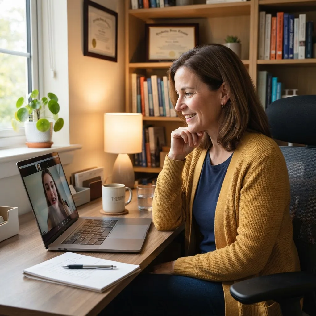 a therapist conducting a teletherapy session on a laptop at a tidy home desk, warm lighting, professional yet approachable mood