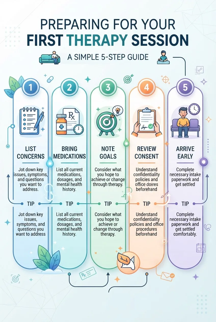 outlines Preparing for Your First Therapy Session in five vertical steps, each step with a simple icon and one-line tip: list concerns,
