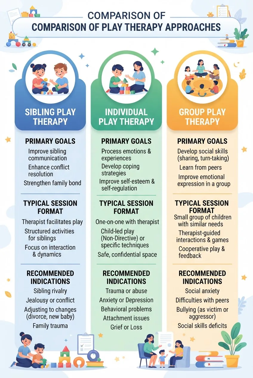 compares sibling play therapy, individual play therapy, and group play therapy in three vertical columns; each column has an icon and three