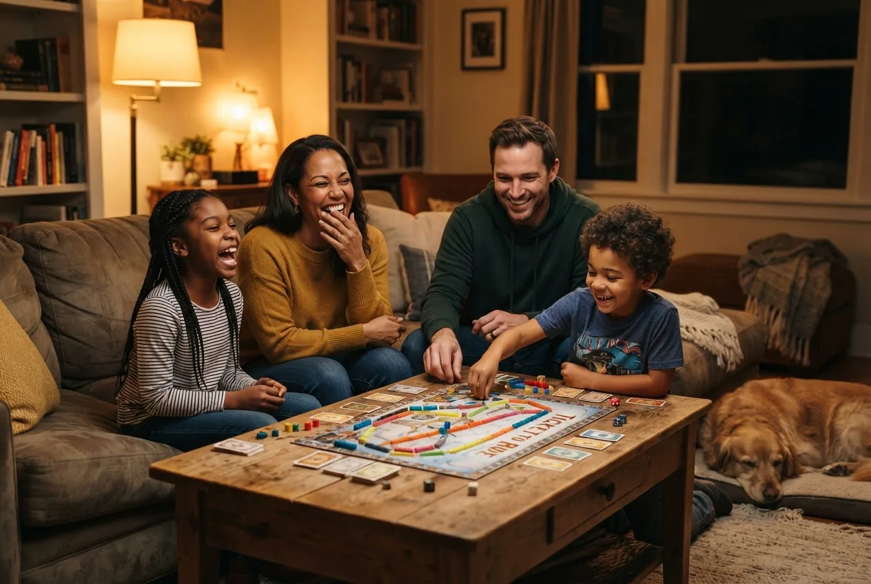 a family game night scene: two parents and two children laughing around a coffee table playing a board game, warm lamp lighting, inclusive,