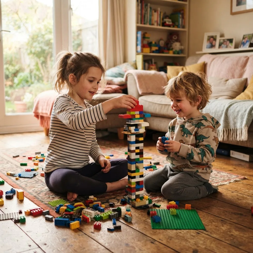 two young siblings building a Lego tower together on a living-room floor, warm natural light, cozy home setting, candid angle