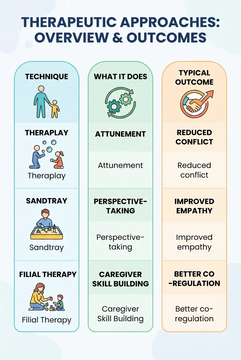 shows three columns: Technique (Theraplay, Sandtray, Filial), What it does (attunement, perspective-taking, caregiver skill), Typical