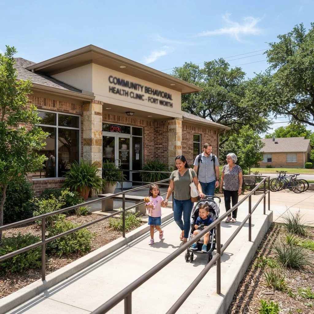 Photorealistic image showing the exterior entrance of a community behavioral health clinic in Fort Worth, Texas, midday, clear sky,