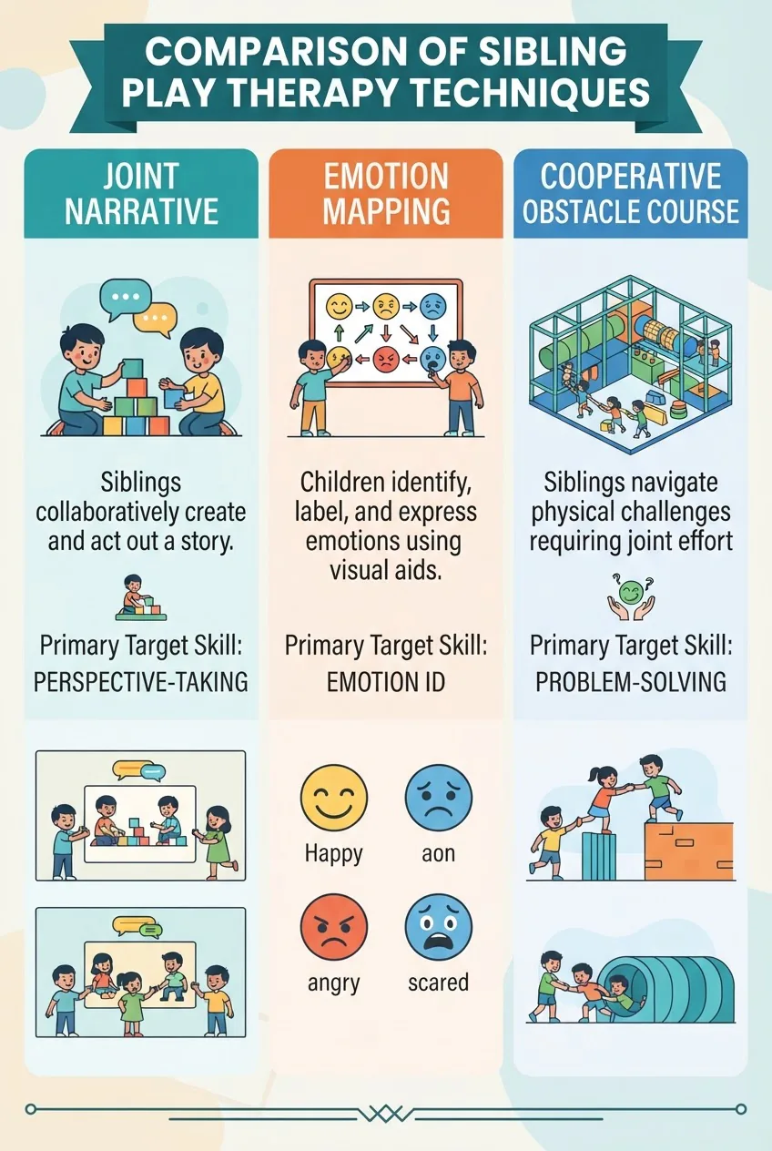 comparing three sibling play therapy techniques: Joint Narrative, Emotion Mapping, Cooperative Obstacle Course. Each column has an icon,