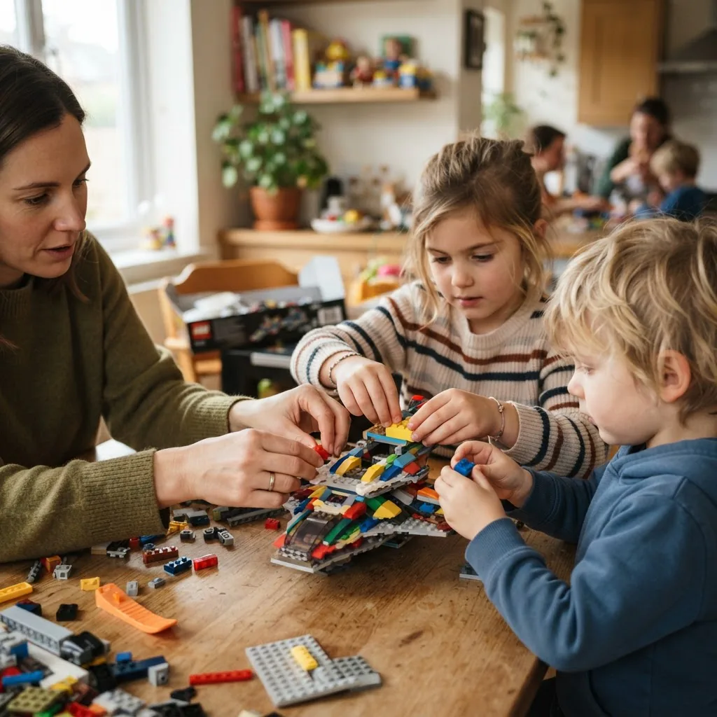 a parent and two children doing cooperative Lego-building at a dining table in a warm home setting, natural light, close-up on hands and