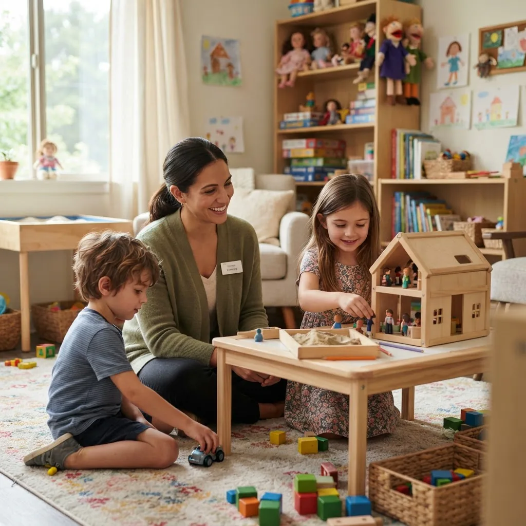 two siblings (a young boy and girl) engaged in therapeutic play with a play therapist in a bright, child-friendly therapy room, natural