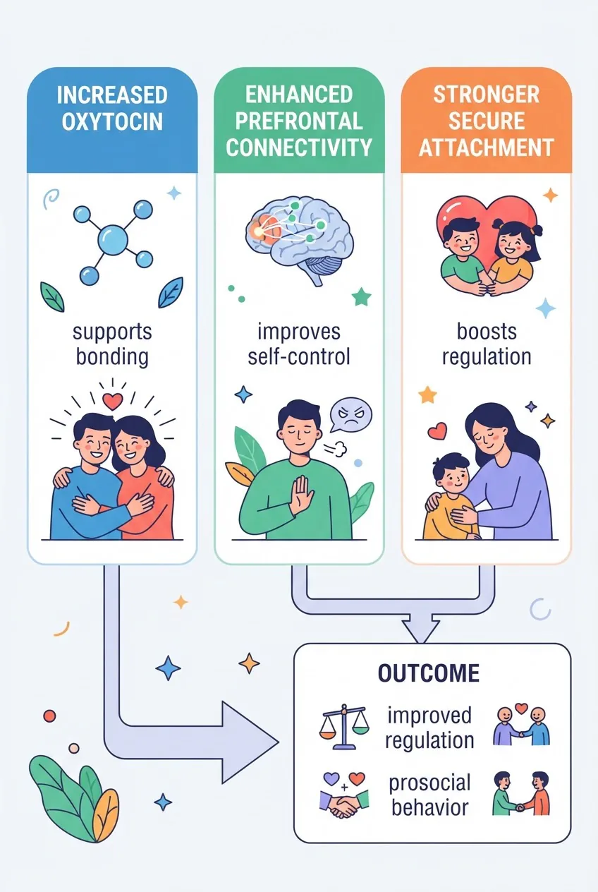 shows three columns: column one titled Increased Oxytocin with a simple molecule icon and short note "supports bonding"; column two titled