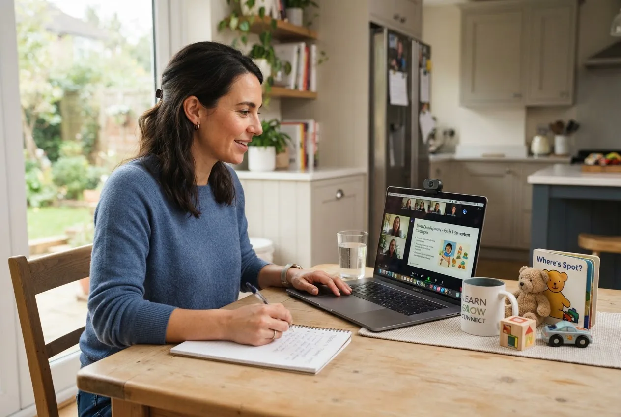a parent at a kitchen table participating in a telehealth training on a laptop with a small set of children’s toys nearby, daytime, clean,