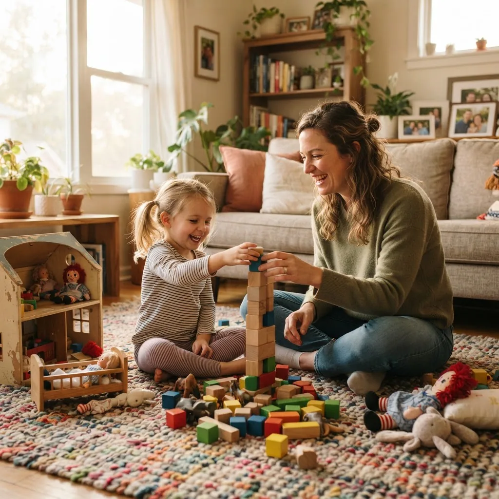 a warm living-room scene of a parent and child playing together on a rug with blocks and dolls, natural daylight, candid, cozy, emotionally