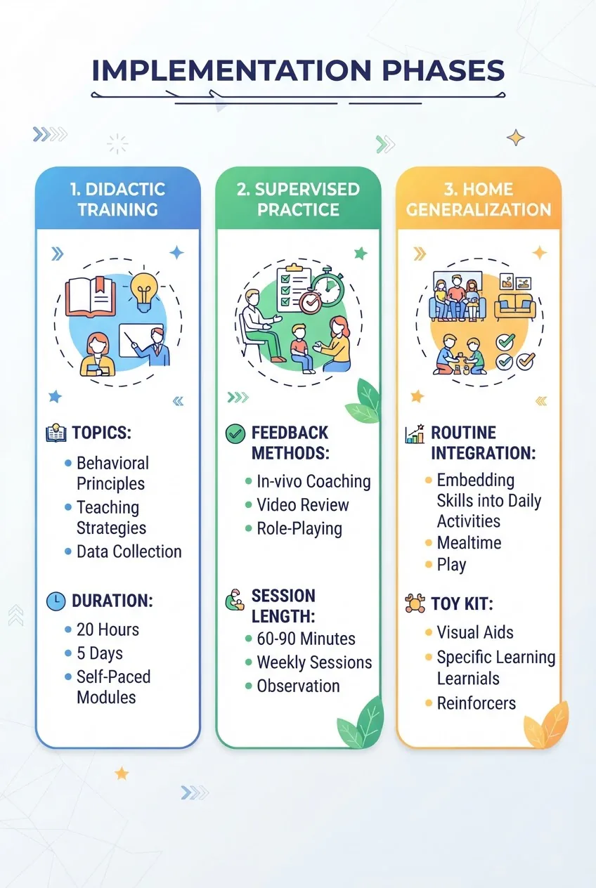 the three implementation phases: Didactic Training (icon, two bullets: topics, duration), Supervised Practice (icon, bullets: feedback