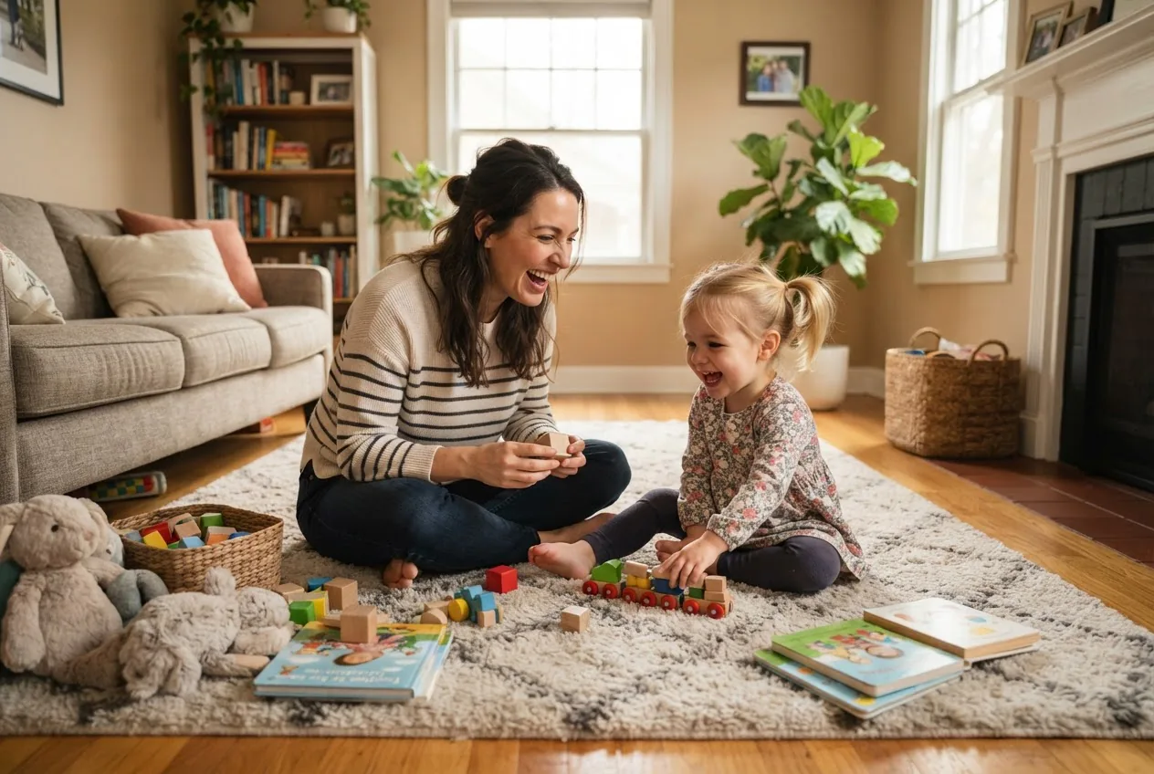 a parent and young child playing together on a living room rug, warm natural lighting, candid moment of shared laughter and engagement,