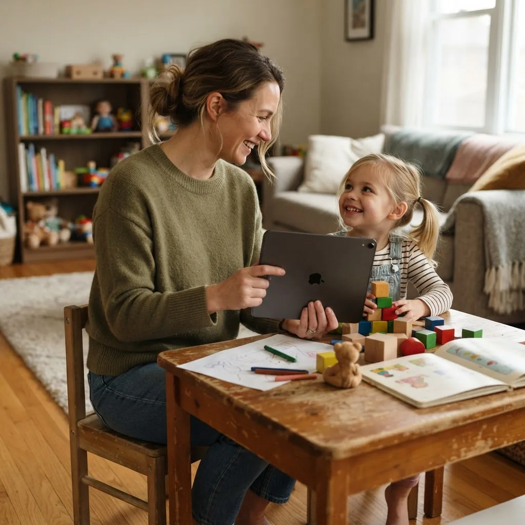 a parent turning off a tablet to join a young child at a small table for play, soft indoor lighting, natural expressions of connection,