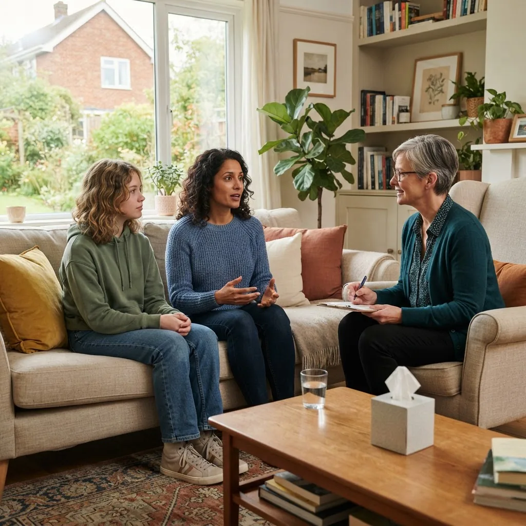 a parent and teen sitting on a living room couch speaking with a therapist who is listening attentively and taking notes, daylight, calm