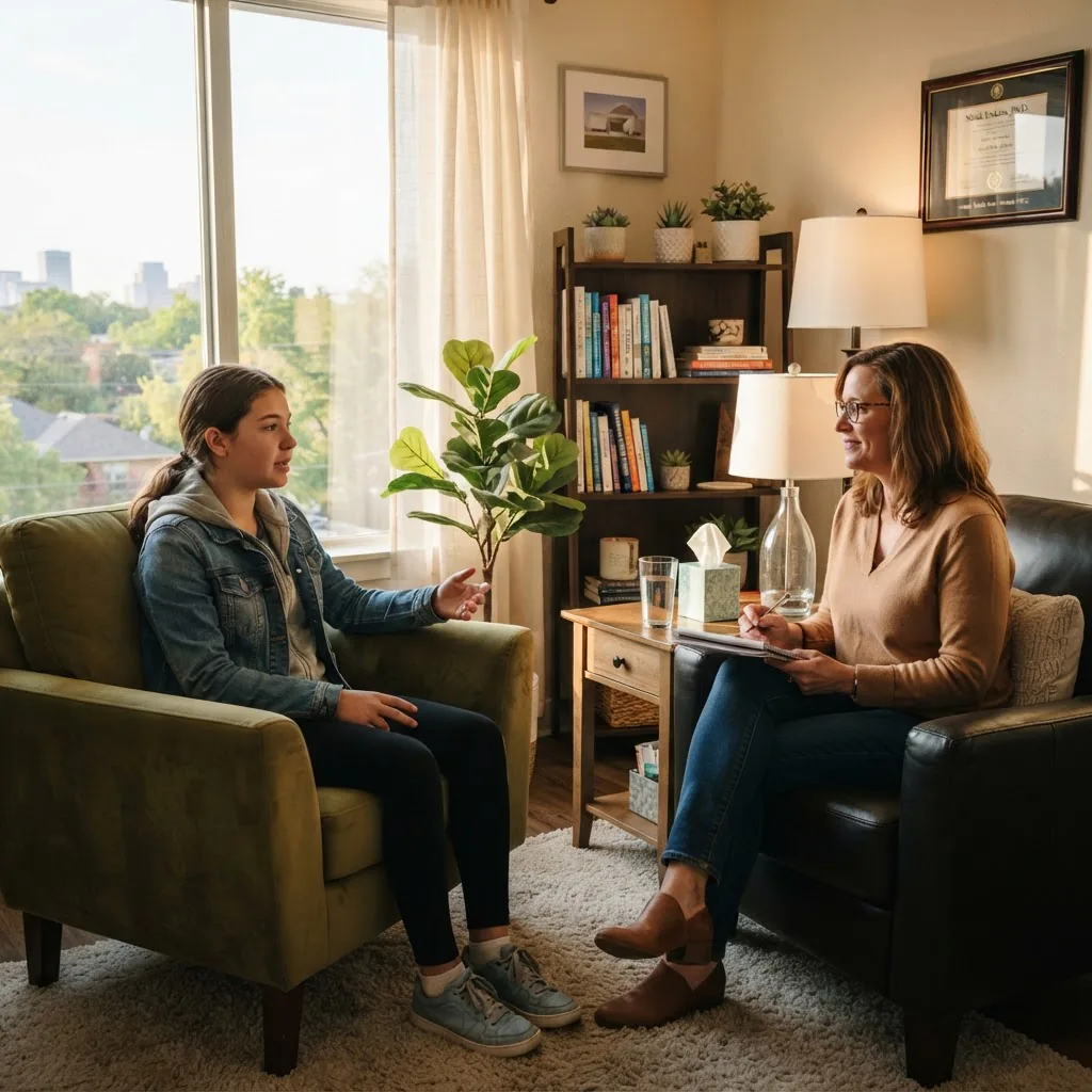 a confidential teen counseling session in a comfortable Fort Worth therapy office, a calm adolescent speaking with a licensed therapist