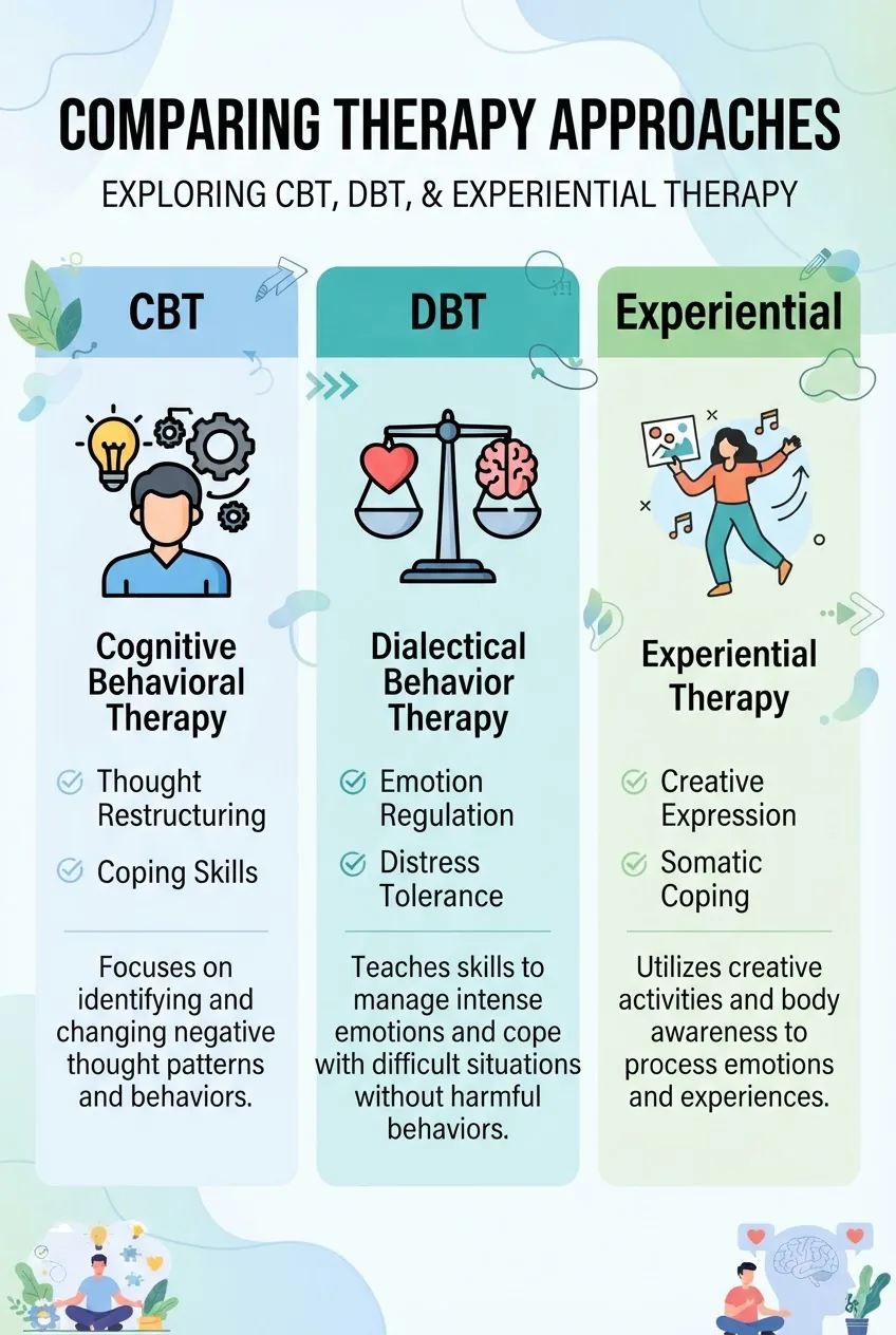 compares three therapy approaches in three columns: CBT (icon, 2 short bullets: "thought restructuring", "coping skills"), DBT (icon, 2