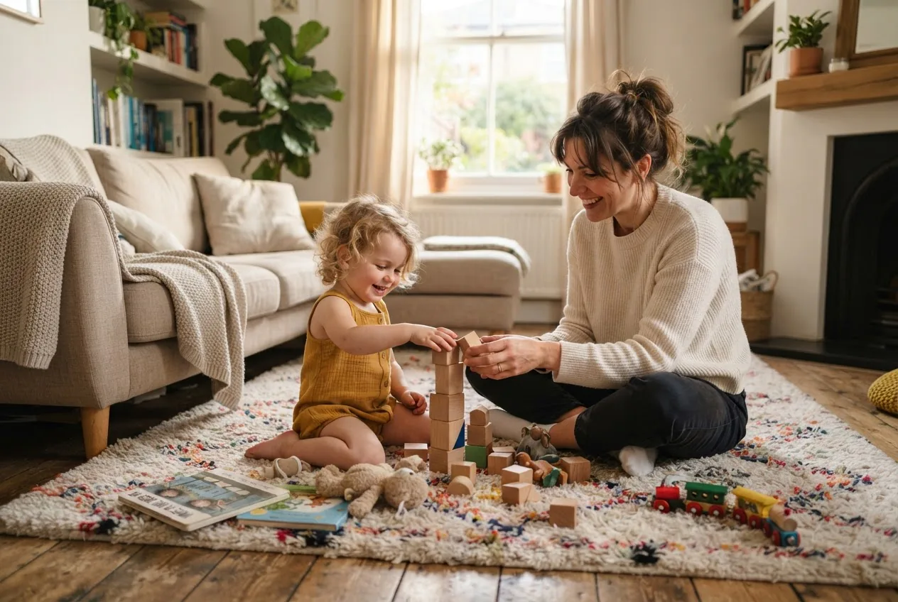 a parent and young child engaged in gentle, child-led play on a cozy living room rug, warm natural light, soft-focus background, scattered
