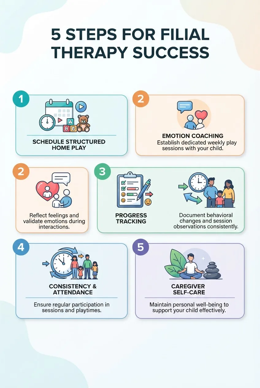 displays five horizontal steps for filial therapy success: 1 Schedule structured home play (icon: calendar), 2 Emotion coaching (icon: