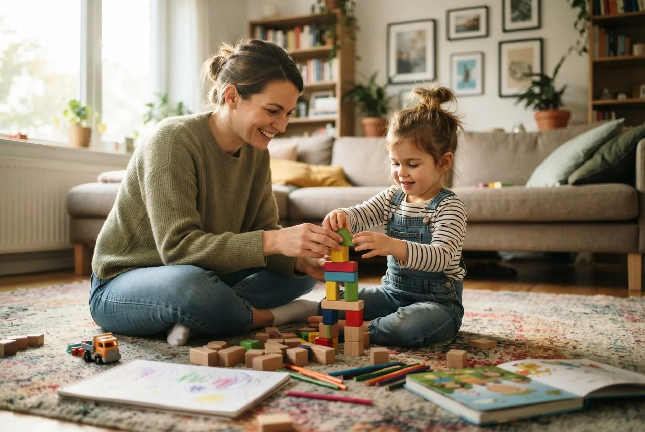 a parent and child engaged in warm, focused play on the living room floor; soft natural light, toys and art supplies visible, intimate