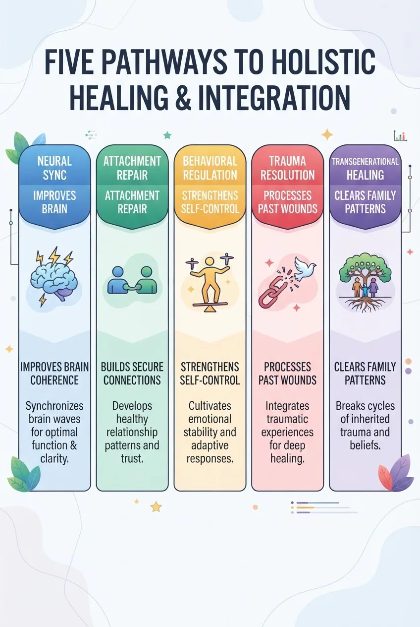 five columns titled Neural Sync, Attachment Repair, Behavioral Regulation, Trauma Resolution, Transgenerational Healing; each column with a