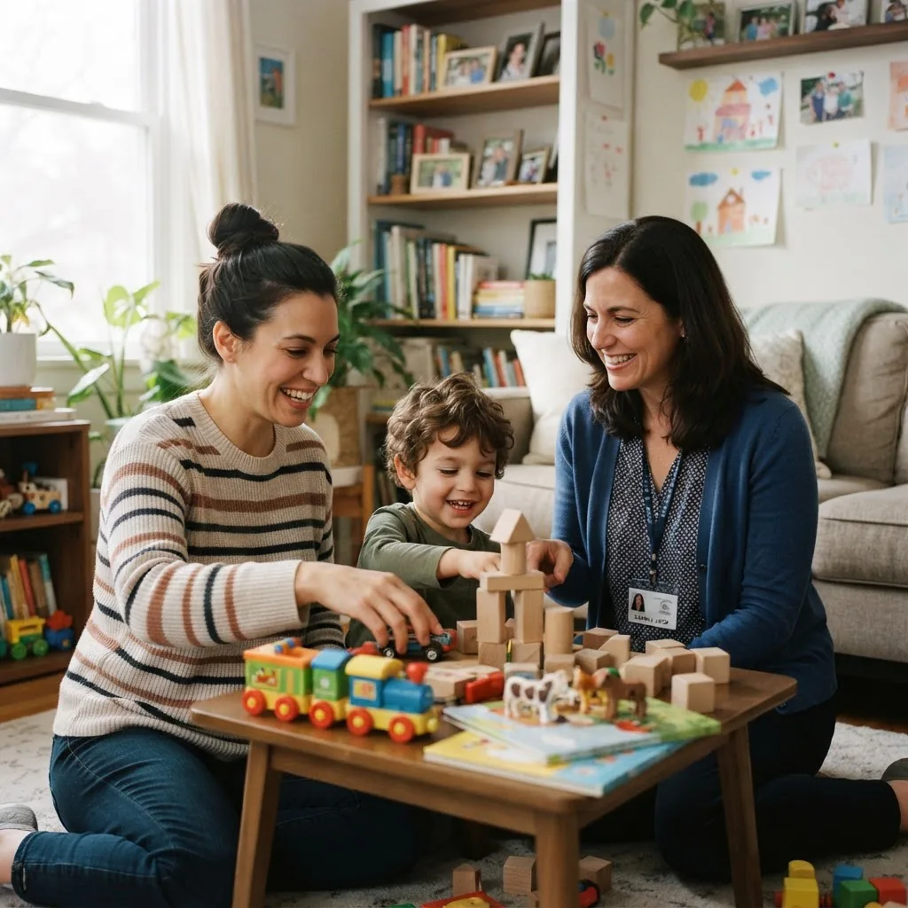 a licensed therapist coaching a parent during an in-home play session with a child, soft indoor lighting, warm supportive atmosphere,