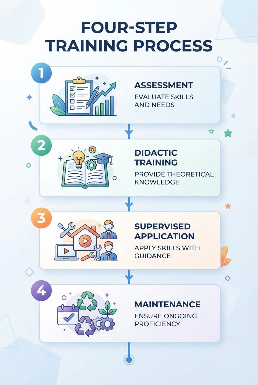 a vertical four-step process: 1 Assessment (icon: clipboard), 2 Didactic Training (icon: book), 3 Supervised Application (icon: home with
