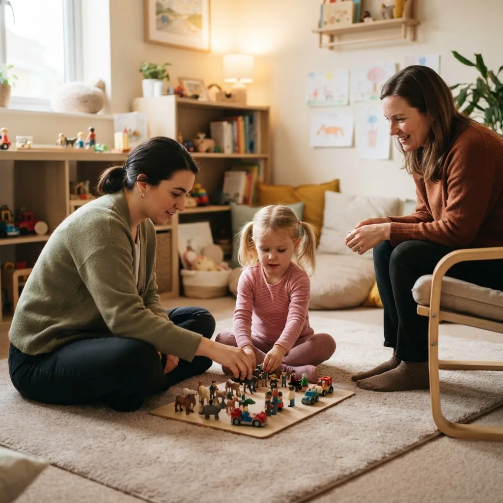a therapist sitting at child’s eye level playing with miniatures and a parent watching attentively. Soft indoor lighting, neutral therapy