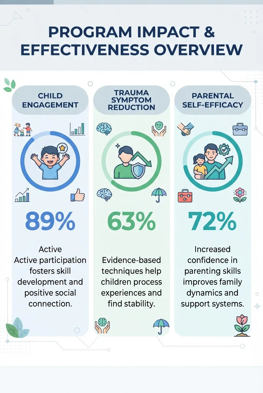 shows a three-column comparison matching the table: Column 1 'Child Engagement' with icon and 89% participation; Column 2 'Trauma Symptom