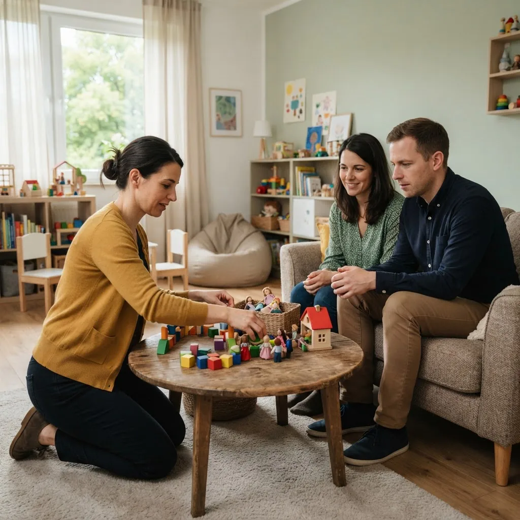 a therapist arranging play materials on a low table while parents look on, modern therapy room, soft natural light, candid mid-angle