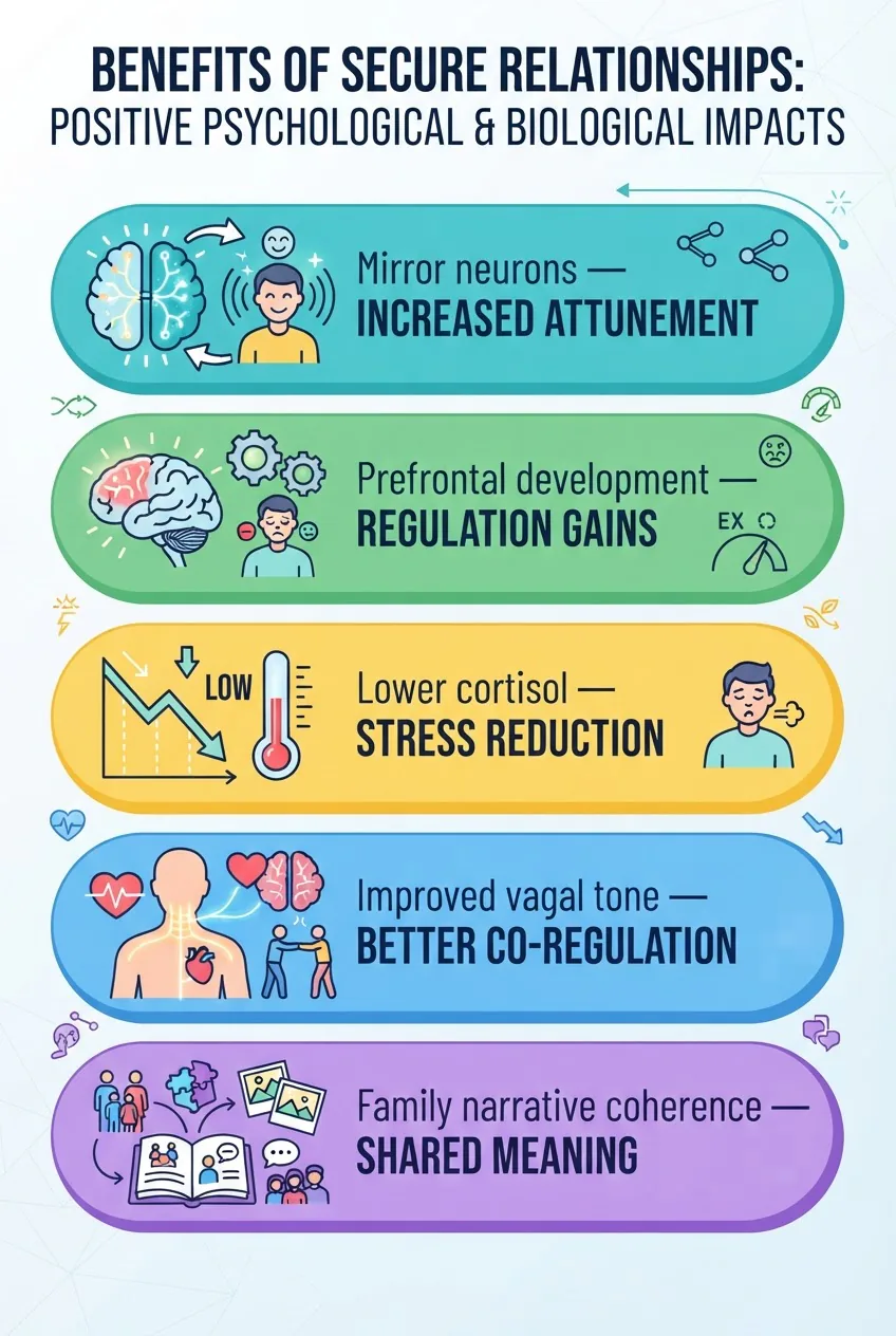 with five stacked sections, each section showing an icon and a short caption: 1) Mirror neurons — increased attunement; 2) Prefrontal