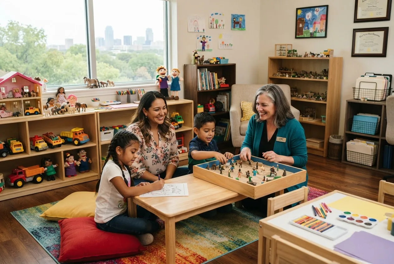 a diverse Fort Worth family and a licensed therapist in a bright, welcoming play therapy room, with toys, sandtray, and art materials,