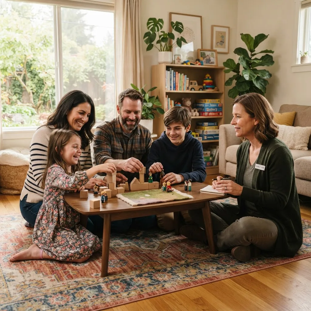 a multigenerational family (two parents, adolescent and younger child) participating in guided play with a licensed therapist in a bright,
