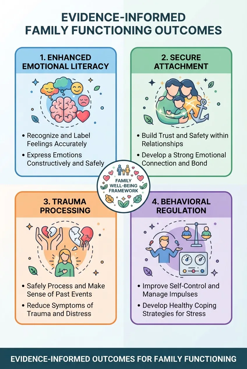 displays four quadrants labeled Enhanced Emotional Literacy, Secure Attachment, Trauma Processing, Behavioral Regulation; each quadrant