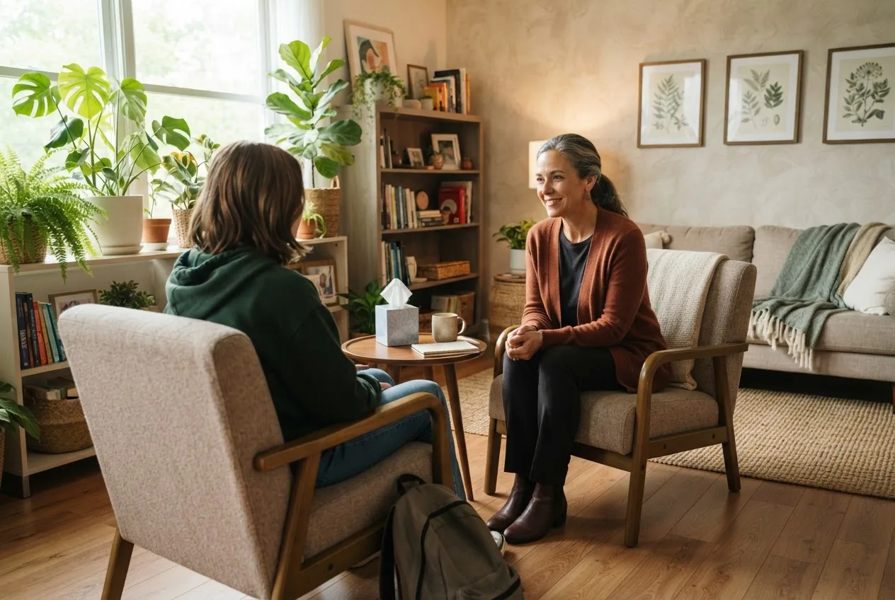 a compassionate adolescent counseling session: a teen (non-identifiable, back to camera) and a counselor seated in a warm, sunlit therapy