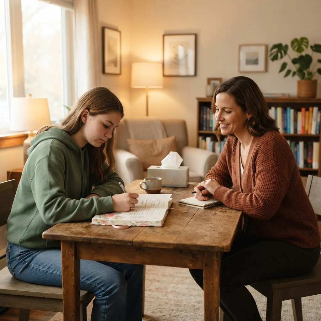 a teenage person journaling with a counselor guiding nearby, sitting at a small table in a cozy therapy room, soft warm lighting,