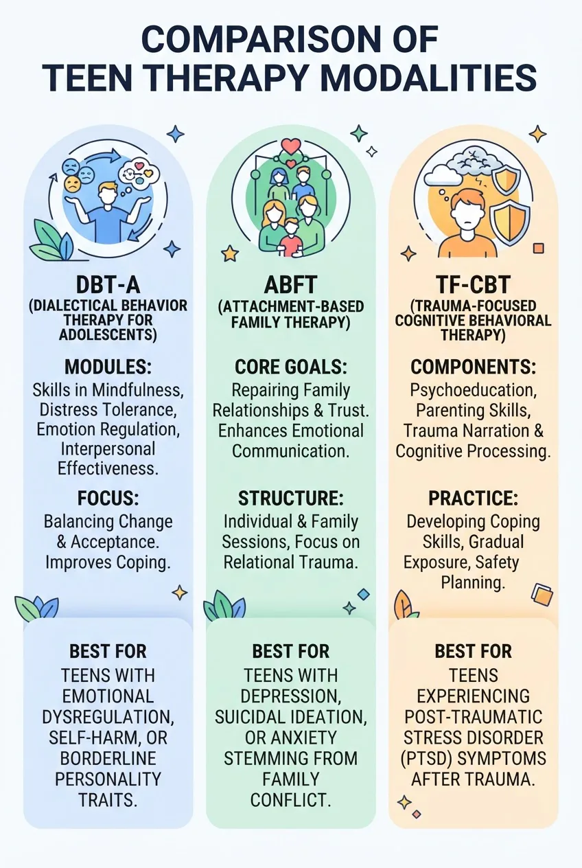 compares three teen therapy modalities in three columns: DBT-A, Attachment-Based Family Therapy, Trauma-Focused CBT; each column with an