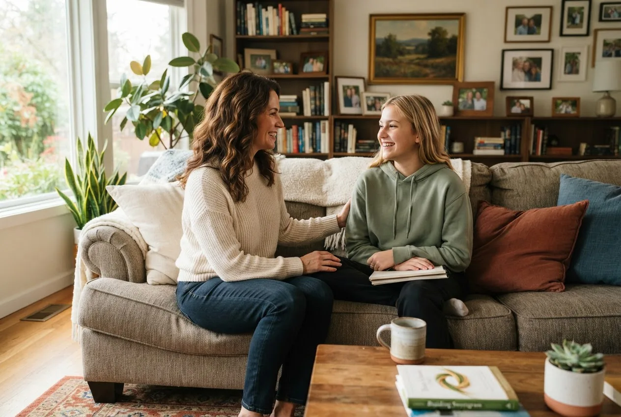 a supportive parent and teenage child sitting on a comfortable couch in a warm living room, mid-conversation, natural daylight, calm and