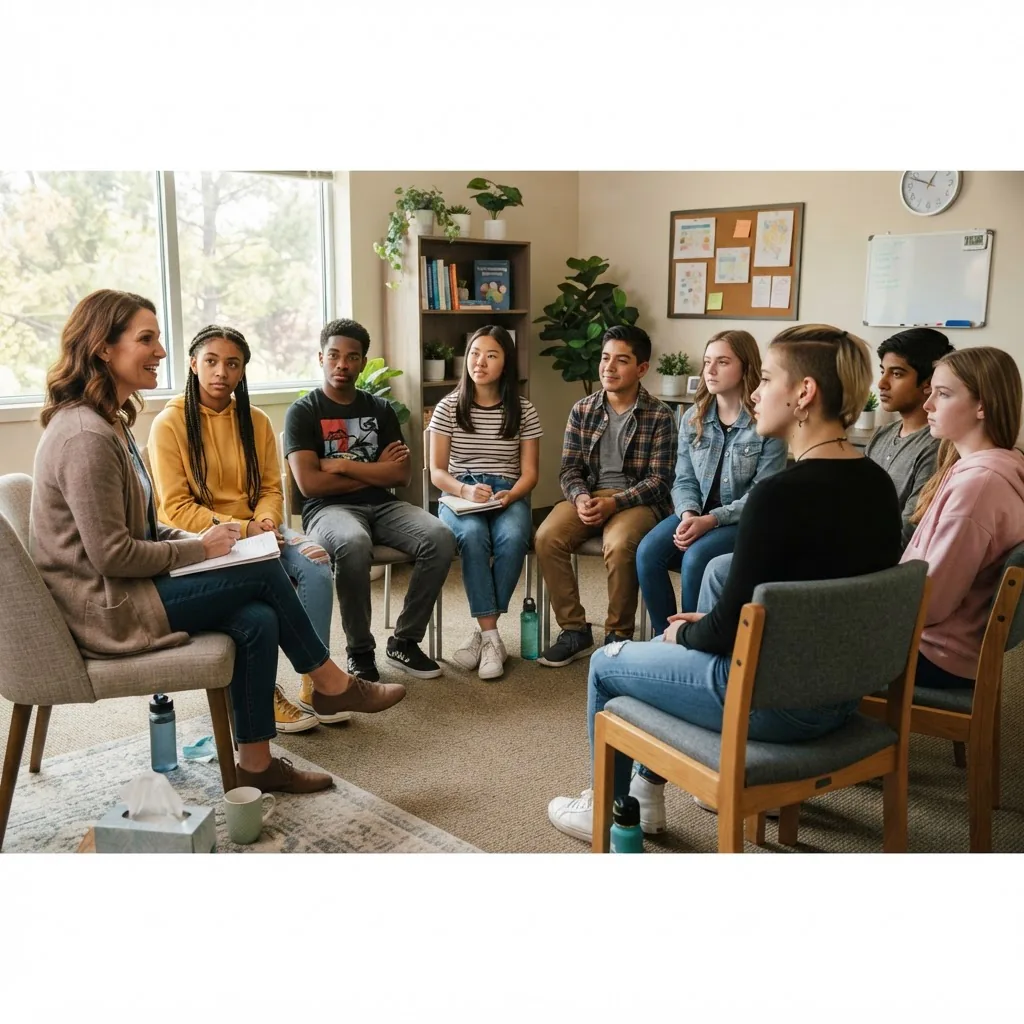 a diverse group of teenagers in a guided group therapy circle, daytime clinic room, facilitator speaking, attentive and engaged